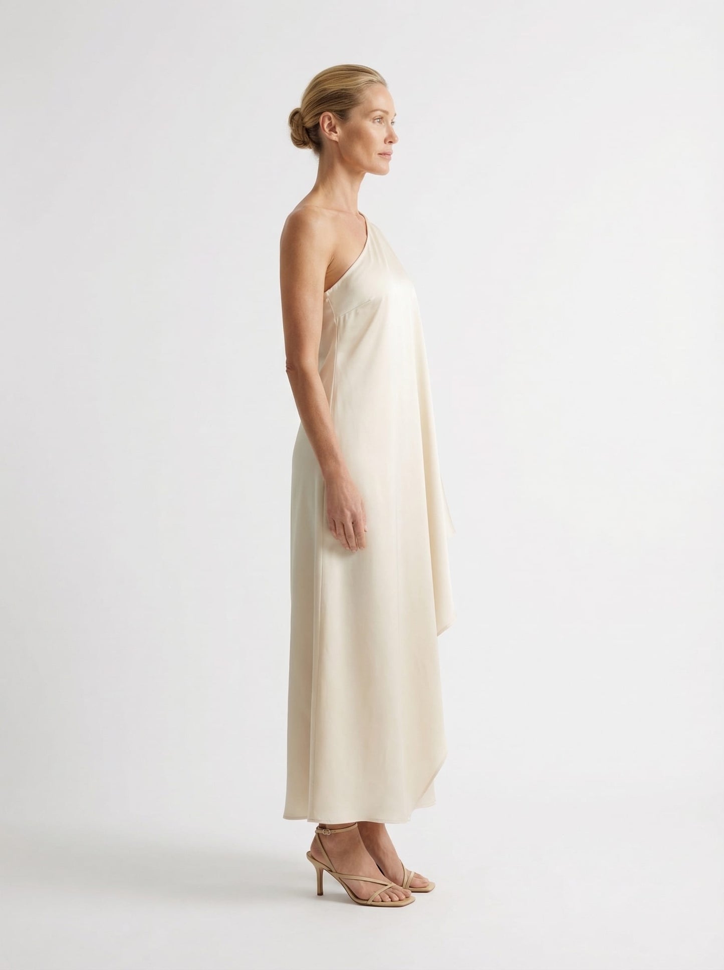 Silk One Shoulder Asymmetrical Midi Dress
