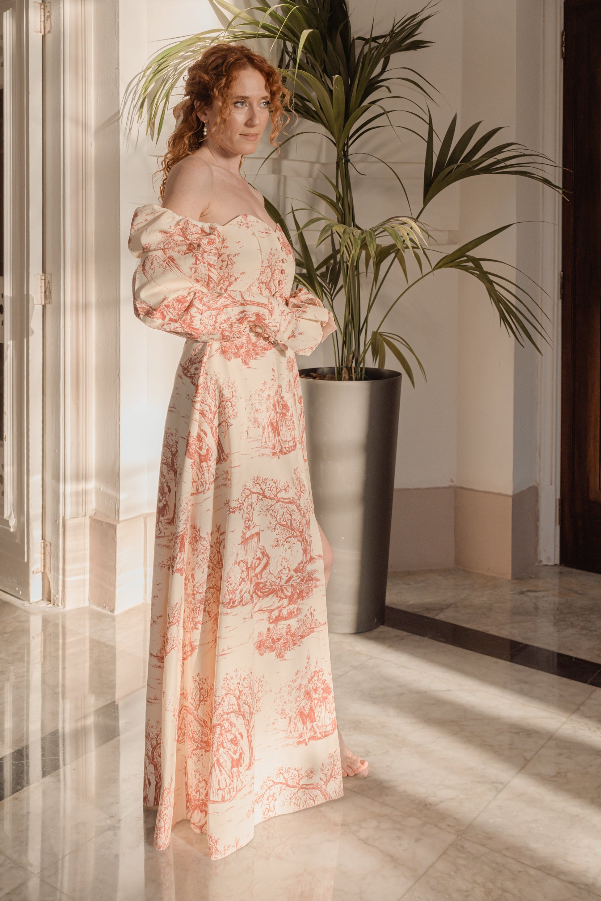 toile de jouy midi dress 100% LINEN