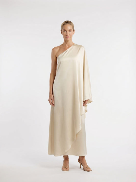 Silk One Shoulder Asymmetrical Midi Dress