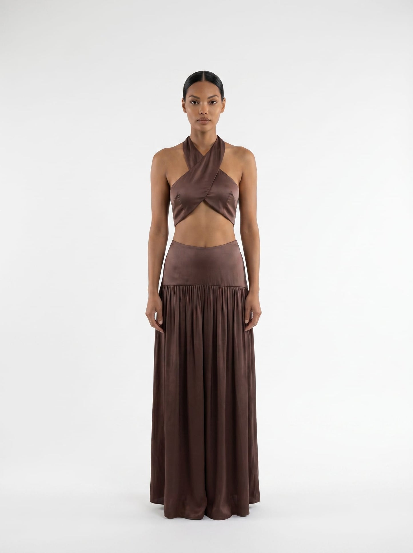 The Silk Halter Crop Top & Maxi Skirt Set – Espresso