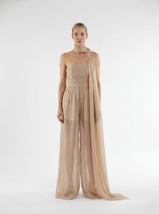 Silk Organza Strapless Wide Leg Jumpsuit with Matching Scarf